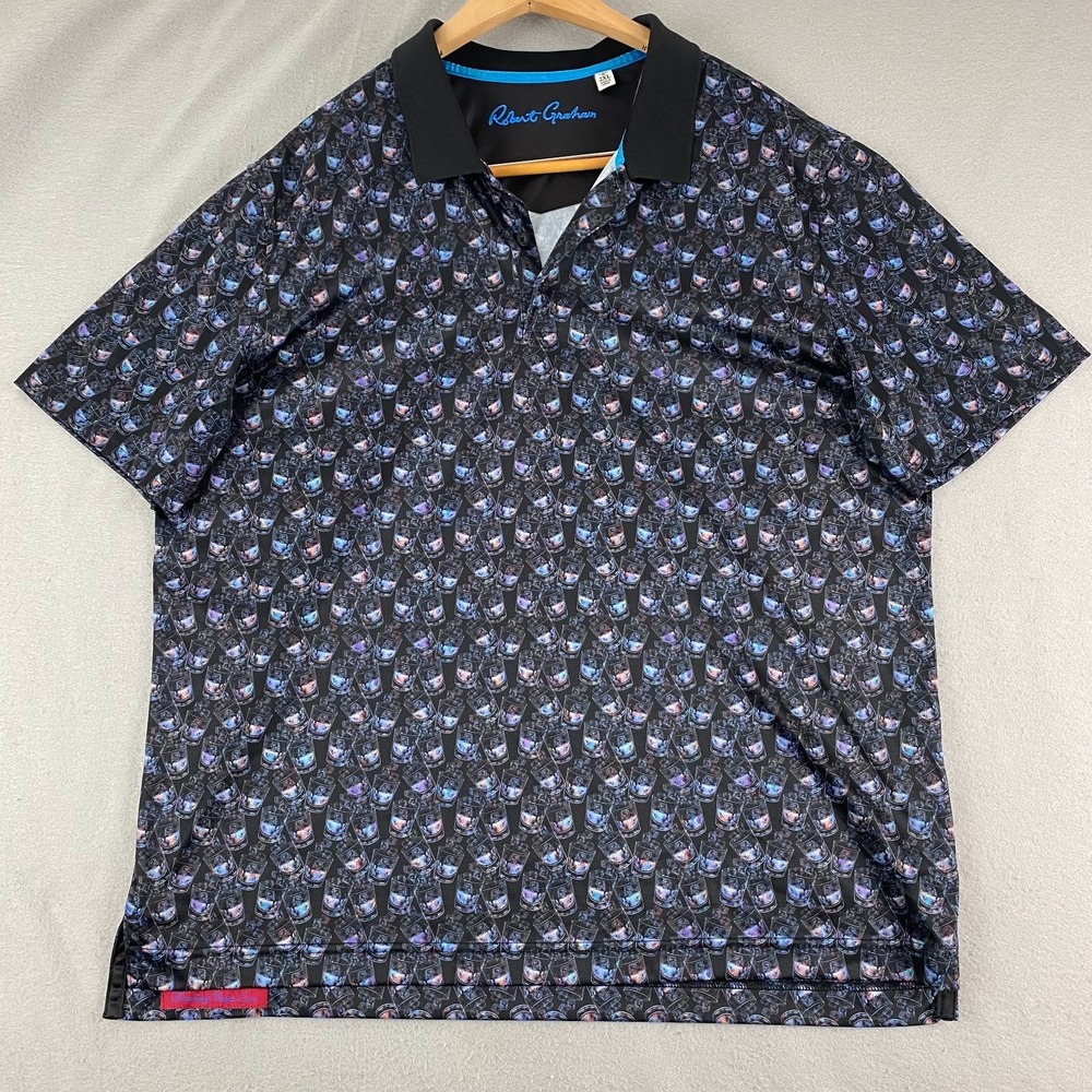 Robert Graham Mens Polo Shirt 2XL Whiskey Glass Classic Fit Cocktail Key Black